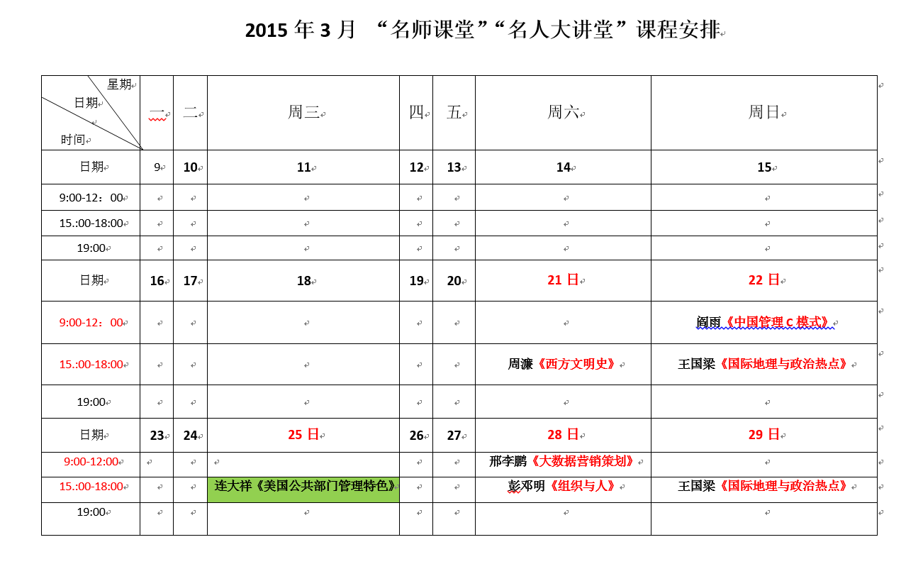 2015年3月 “名师课堂”“名人大讲堂”课程安排