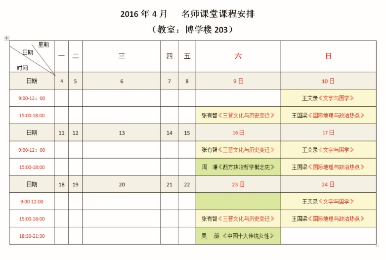 2016年4月课程安排